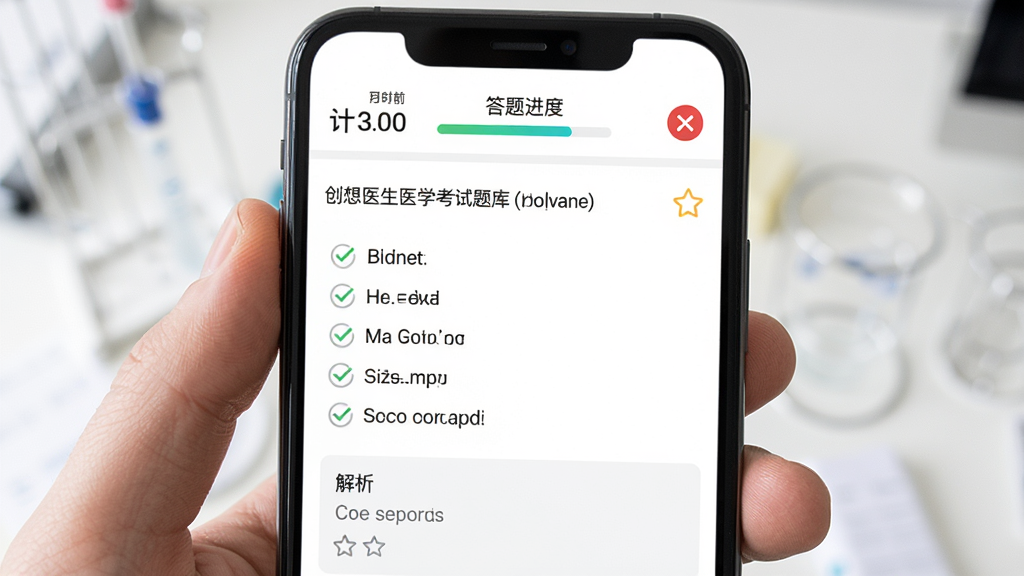 创想医生医学考试题库练习界面展示,手机屏幕内显示一道医学选择题,选项下方有解析区域,顶部有计时器和答题进度条,背景为白色,风格清爽,细节有对勾、错号、收藏星标图标,画质清晰,干净无多余元素