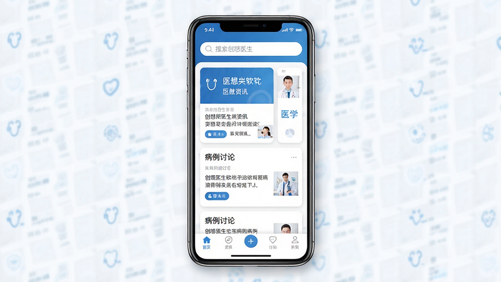 创想医生软件主界面全貌展示,画面中央是手机屏幕,屏幕内显示创想医生应用程序的首页,顶部有搜索栏,中间是医学资讯卡片和病例讨论板块,底部导航栏清晰可见,整体布局简洁明快,采用蓝白配色,风格专业医疗,细节包括图标、文字按钮、卡片阴影,画质高清,干净无多余元素