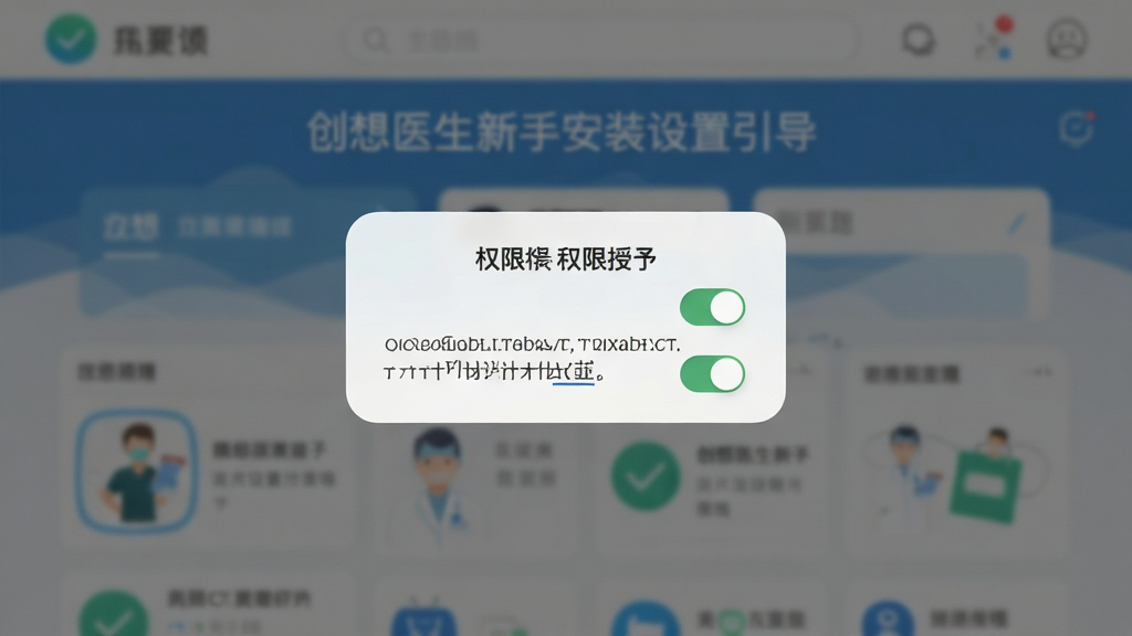 创想医生新手安装设置引导界面,手机屏幕显示权限授予弹窗,背景为应用主界面虚化效果,风格简洁,细节有权限开关按钮和说明文字,画质清晰,干净无多余元素