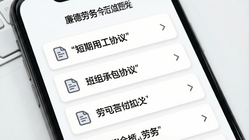 一张展示廉德劳务合同范文列表页面的图片,画面中央为手机屏幕特写,屏幕上显示多条劳务合同范文标题,如\