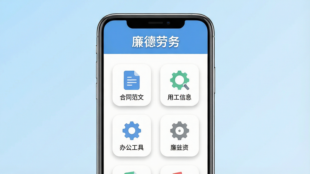 一张展示廉德劳务手机应用主界面的图片,画面中央是一部竖屏智能手机,手机屏幕内显示廉德劳务APP的首页,顶部有\