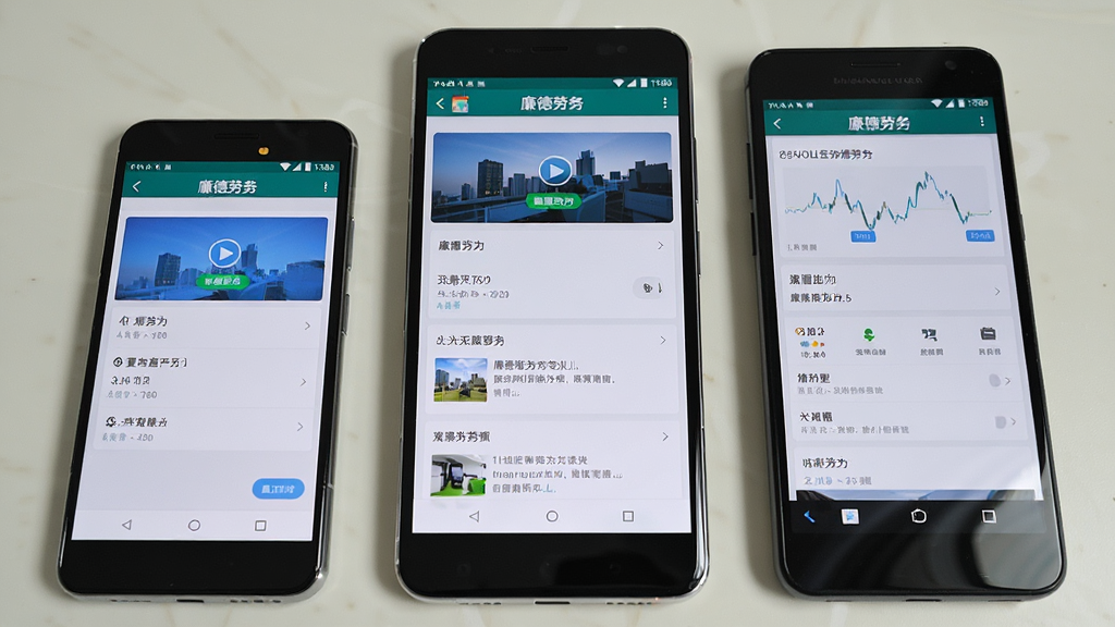一张展示廉德劳务在多种安卓手机上流畅运行的图片,画面中央并排摆放三部不同尺寸的智能手机,每部手机屏幕均显示廉德劳务APP的不同页面,背景为简洁的浅色桌面,整体风格为产品展示风格,细节包括手机边框反光和屏幕清晰显示,画质高清,画面干净,无多余元素