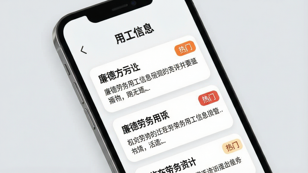 一张展示廉德劳务用工信息资讯页面的图片,画面中央为手机屏幕,屏幕上方显示\