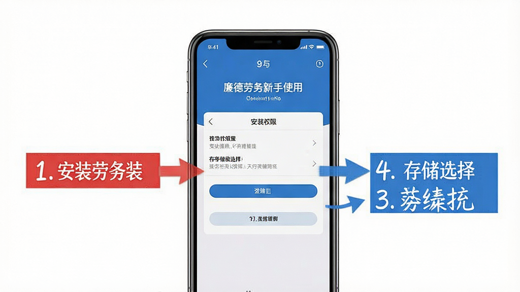 一张展示廉德劳务新手使用指引的图片,画面中央为手机屏幕,屏幕上显示安装权限设置和存储选择的操作步骤截图,画面中有红色和蓝色标注重点提示,背景为简洁的白色,整体风格为教程说明风格,细节包括清晰的步骤编号和箭头指示,画质高清,画面干净,无多余元素