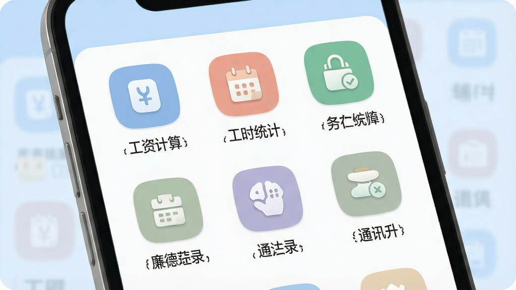 一张展示廉德劳务办公辅助工具页面的图片,画面中央为手机屏幕,屏幕上排列着工资计算、工时统计、通讯录等多个工具图标,每个图标下方有对应文字说明,背景为淡蓝色,整体风格为扁平化图标设计,细节包括圆润的图标边角和柔和配色,画质高清,画面干净,无多余元素