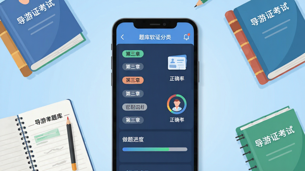 导游证超题库软件主界面展示,手机屏幕居中放置,屏幕内显示题库分类列表和做题进度条,周围环绕导游证考试相关书籍、笔记本、铅笔等学习用品,背景为浅蓝色渐变,整体布局简洁清晰,风格为扁平化UI插画,细节包含章节标签、答题卡图标、正确率圆环,画质高清,干净,无多余元素