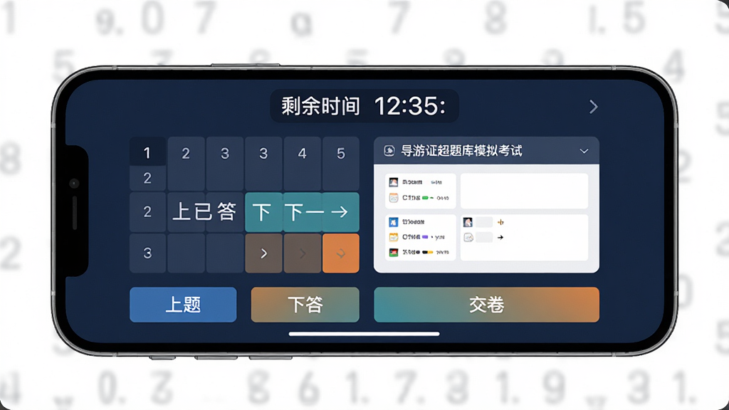 导游证超题库模拟考试界面,手机横屏显示考试计时器和答题卡,屏幕上方有剩余时间倒计时,下方有上一题下一题按钮,背景为深蓝色护眼模式,风格为简约商务风,细节包含题号网格、已答未答颜色区分、交卷按钮,画质高清,干净,无多余元素