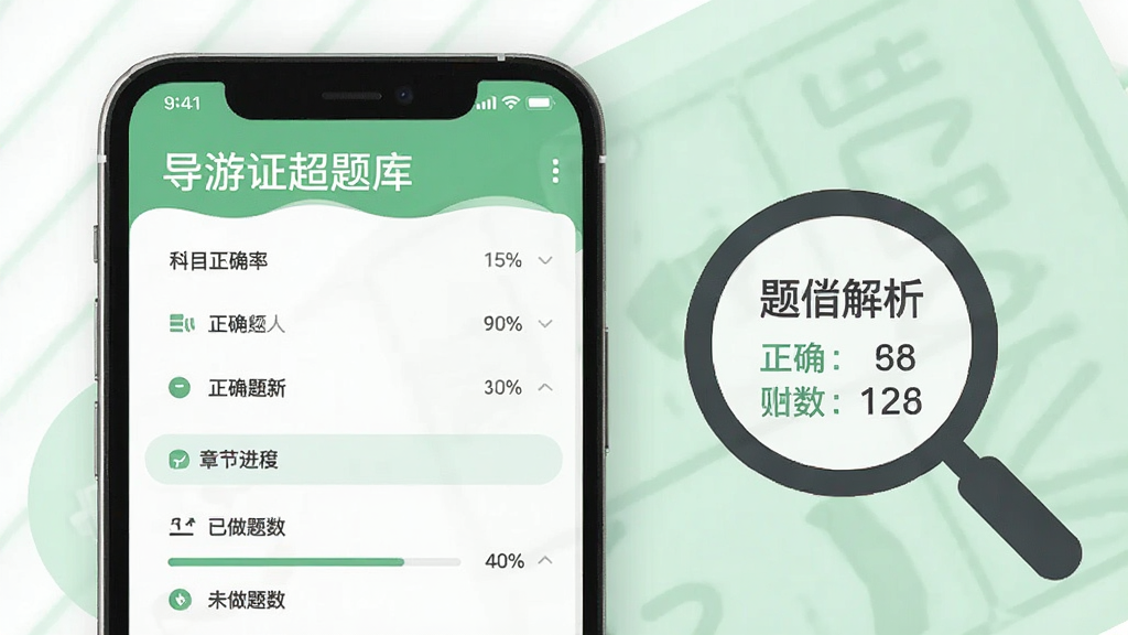 导游证超题库章节练习界面,手机屏幕显示科目列表和章节进度,屏幕旁边有放大镜查看题目解析的图标,背景为白色和浅绿色搭配,风格为清爽扁平化设计,细节包含正确率百分比、已做题数、未做题数,画质高清,干净,无多余元素