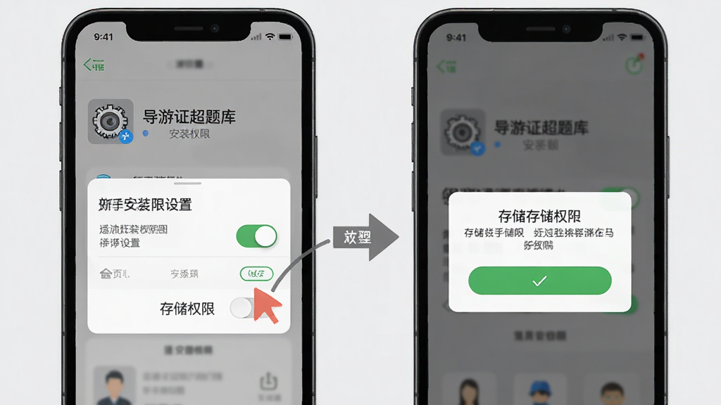 导游证超题库新手安装步骤示意图,手机屏幕显示安装权限设置界面和存储权限弹窗,旁边有箭头指示操作顺序,背景为浅灰色,风格为步骤流程插画,细节包含设置图标、权限开关、确认按钮,画质高清,干净,无多余元素