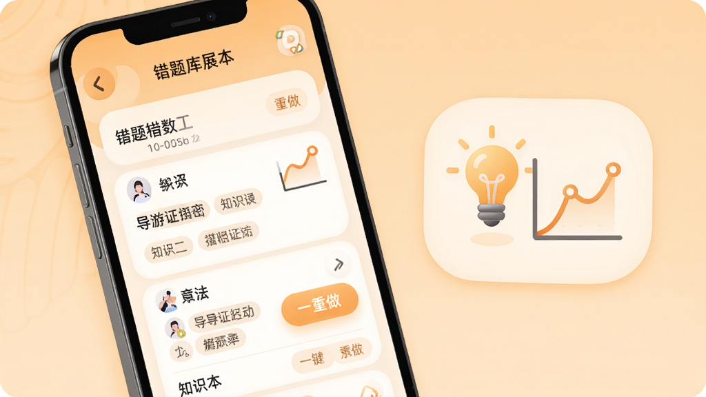 导游证超题库错题本功能展示,手机屏幕显示错题列表和重做按钮,屏幕旁边有灯泡和记忆曲线图标,背景为浅橙色温暖色调,风格为柔和圆角卡片设计,细节包含错题数量统计、知识点标签、一键重做按钮,画质高清,干净,无多余元素