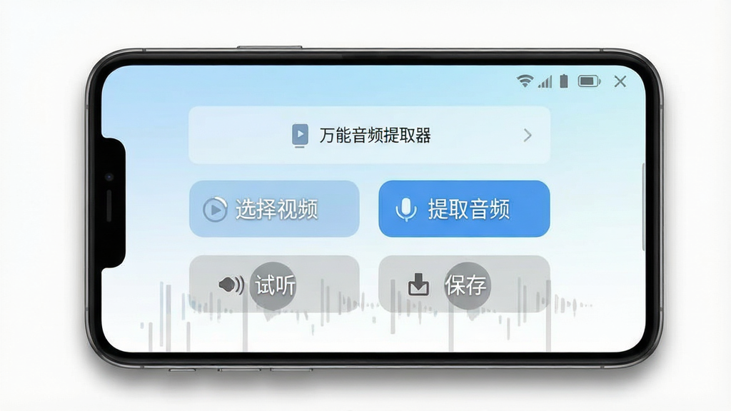 一张展示万能音频提取器软件界面的手机截图风格图片,主体是一部竖屏智能手机,屏幕中央显示简洁的音频提取工具操作面板,包含“选择视频”“提取音频”“试听”“保存”四个大按钮,背景为浅蓝到白色的渐变,布局干净对称,风格为扁平化科技风,细节上手机边缘有柔和阴影,屏幕内文字清晰可读,画质高清,干净,无多余元素