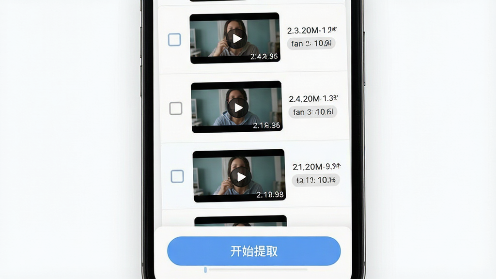 一张表现万能音频提取器批量处理功能的AI图片,主体为手机屏幕显示多个视频缩略图排成队列,每个缩略图旁有勾选框,下方有“开始提取”按钮,布局为纵向列表,风格为清新浅色UI,细节包含文件大小与时长标签,背景为白色,画质高清,干净,无多余元素