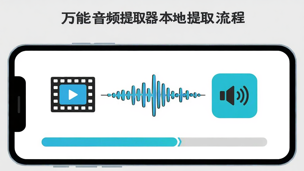 一段关于万能音频提取器本地提取流程的AI生图,画面主体为手机屏幕内显示进度条从视频图标流向音频图标,布局为横向流动示意,风格为扁平插画,细节包括视频胶片图案与声波图案,背景为浅灰色,画质清晰,干净,无多余元素