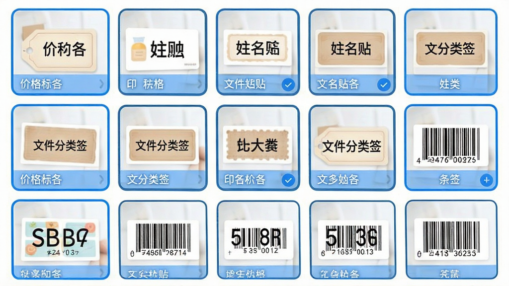 画面主体为印条软件模板选择界面,以网格形式展示多种标签模板缩略图,包括价格标签、姓名贴、文件分类签、条形码标签等。布局采用手机屏幕特写,模板卡片整齐排列。排版为上下滑动列表样式,风格清新明快。细节包含每个模板卡片上带有小图预览与分类标签,选中状态有蓝色边框高亮。画质清晰,干净无杂乱元素。