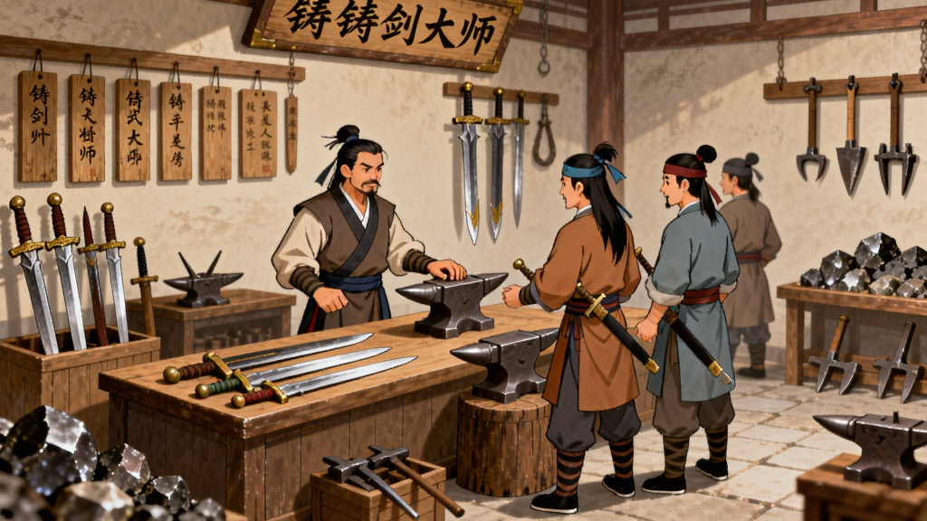 画面展示一间热闹的古代兵器铺,柜台上摆放着各式刀剑,几位身穿不同门派服饰的侠客正在与铁匠交谈,墙上挂着订单木牌,角落里堆放着矿石与锻造工具,整体风格为温暖的国风插画,主体是铁匠与顾客的互动场景,布局错落有致,细节丰富,画质清晰干净,画面中可出现“铸剑大师”的店铺招牌,无多余装饰
