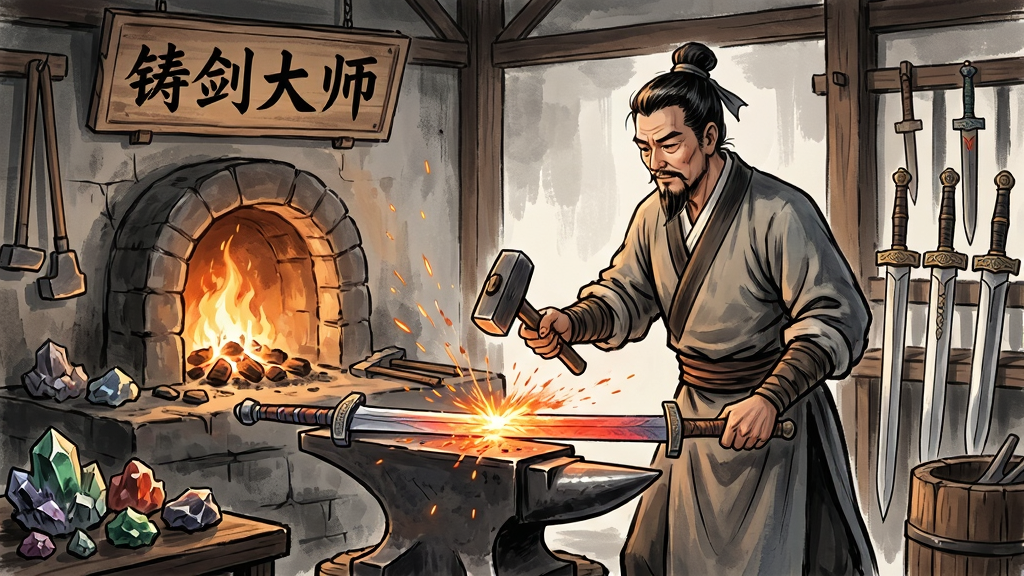 一位身穿古装的铁匠师傅正站在火炉旁,手持铁锤敲打一块烧红的剑坯,火星四溅,铁砧上放着半成品的剑身,旁边摆放着各种矿石与已完成的刀剑成品,背景是古色古香的锻造工坊,画面风格为细腻的国风手绘插画,主体突出,布局合理,细节精致,画质高清干净,画面中可融入“铸剑大师”字样作为工坊牌匾,无多余元素