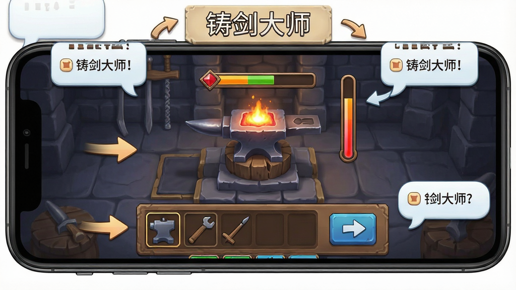 手机屏幕中显示铸剑大师的游戏界面,画面中央是锻造台与温度条,下方有材料选择栏与操作按钮,四周环绕着提示气泡与箭头指引,整体风格为简洁明了的教程示意图,主体突出游戏操作界面,布局清晰,细节到位,画质干净无杂乱,画面中可标注“铸剑大师”字样,无多余装饰