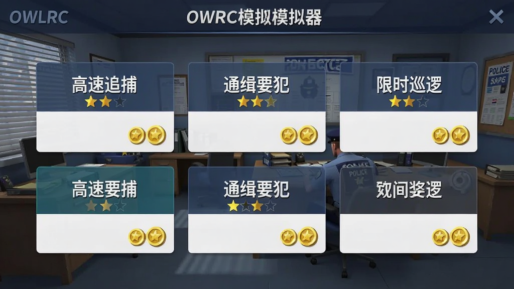 OWRC警察:追逐模拟器任务选择界面,画面中显示多个任务卡片,包括