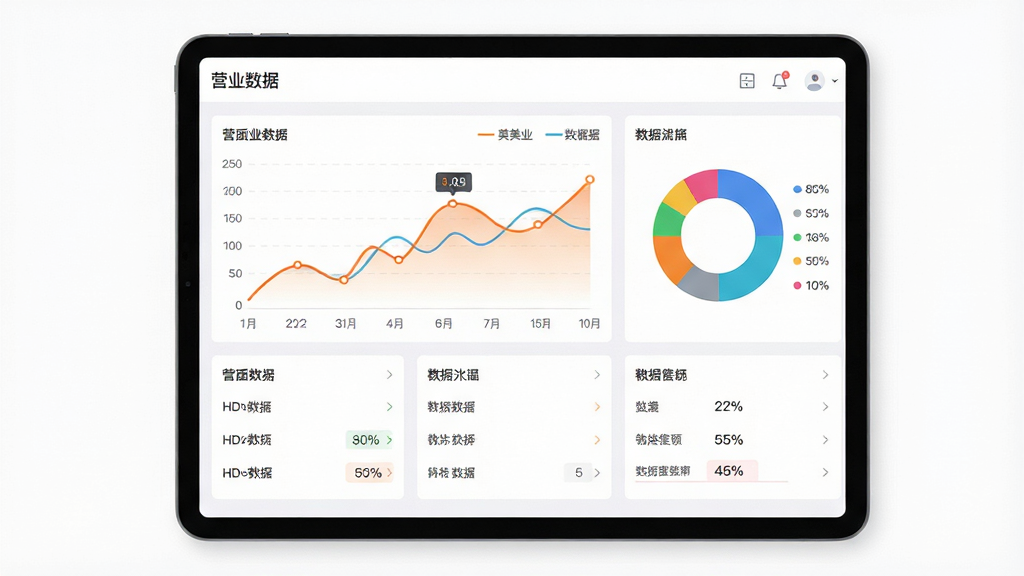 有赞美业HD数据报表功能展示图,画面中央是一块平板屏幕,屏幕上展示营业数据看板,包含折线图、环形图、数据卡片等元素,布局采用网格化排版,风格现代数据可视化风格,细节上折线图用橙色高亮,环形图用多色区分,背景为白色干净背景,画质高清,画面干净,无多余元素