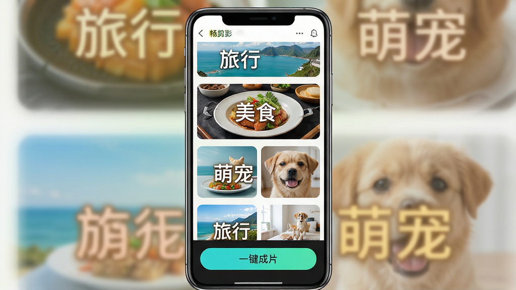 一张展示畅剪影模板中心界面的预览图,画面中手机屏幕显示多个视频模板缩略图网格,每个模板封面带有“旅行”“美食”“萌宠”等文字标签,底部有“一键成片”按钮,整体配色清新明快,画质清晰,干净无杂乱元素
