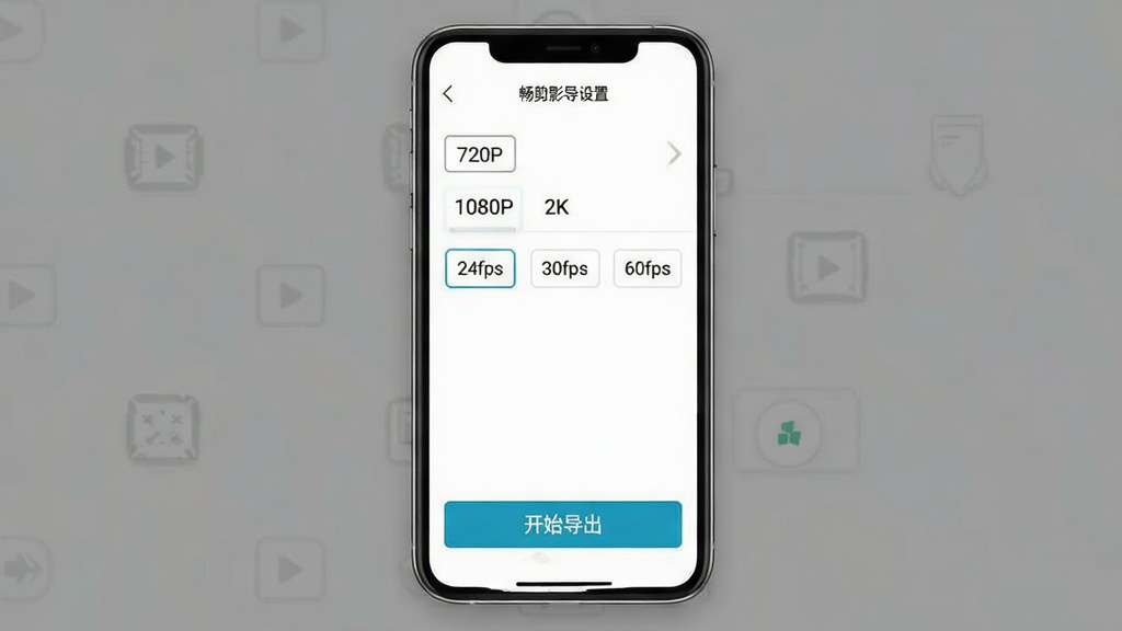一张展示畅剪影导出设置界面的预览图,手机屏幕中显示分辨率选项“720P”“1080P”“2K”,帧率选项“24fps”“30fps”“60fps”,底部有醒目的“开始导出”按钮,界面风格简洁,画质清晰干净,无多余元素