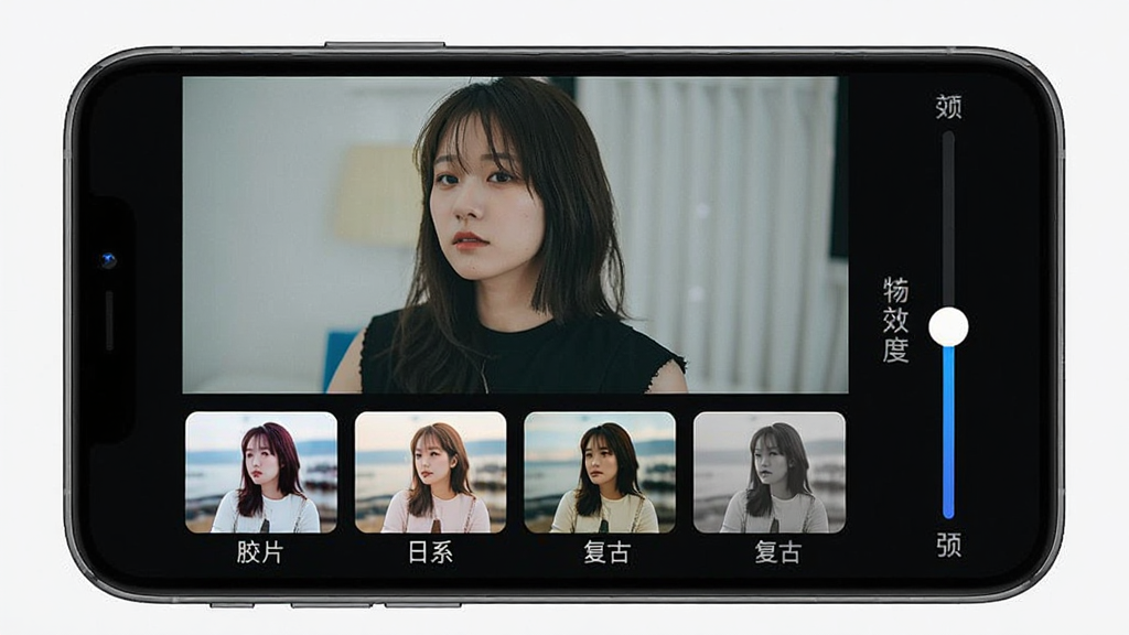 一张展示畅剪影滤镜与特效选择界面的预览图,手机屏幕中显示视频预览画面,下方排列着多个滤镜缩略图,带有“胶片”“日系”“复古”等文字标签,右侧有特效强度调节滑杆,界面风格清爽,画质细腻干净