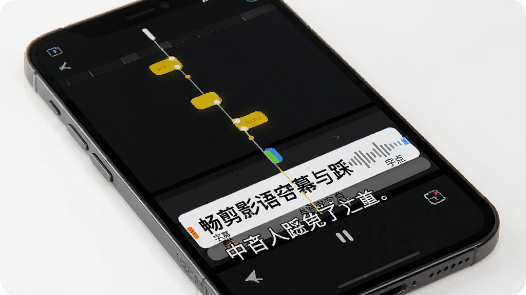一张展示畅剪影语音字幕与自动踩点功能的预览图,手机屏幕中显示视频时间轴上有多个黄色卡点标记,下方有字幕轨道显示识别出的文字内容,界面风格简洁,画质清晰,无多余装饰元素