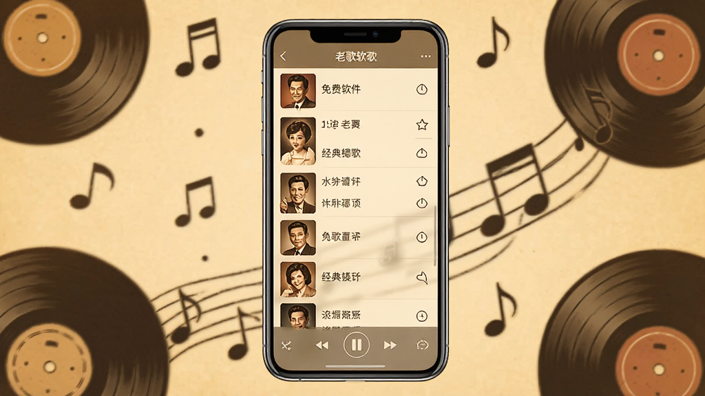 一张展示精选老歌免费软件主界面的图片,画面中央是一部智能手机,屏幕上显示着老歌播放列表,列表中有多首经典老歌名称,背景是温暖的怀旧色调,带有音符和唱片元素,整体风格温馨复古,画质清晰干净,无多余元素