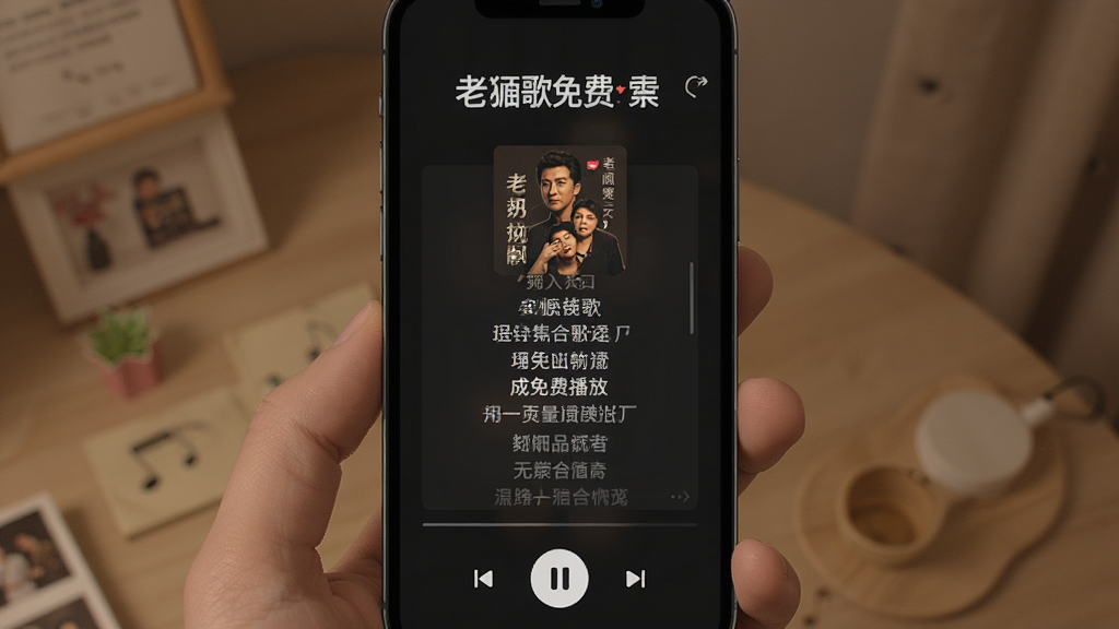 一张展示精选老歌免费播放界面的图片,手机屏幕上显示着歌曲封面、歌词滚动区域和播放控制按钮,界面采用大字体设计,背景是深色护眼模式,风格沉稳舒适,画质清晰,无多余元素