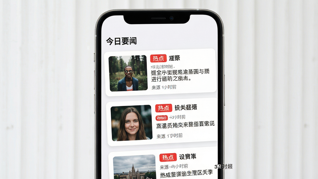 「今日要闻」应用内部资讯聚合页面,主体为手机屏幕显示多条新闻摘要卡片,布局为纵向滚动列表,排版左侧缩略图右侧标题与摘要,风格清爽现代,细节包含红色热点标签、来源标注与相对时间,画质高清,干净,无多余元素