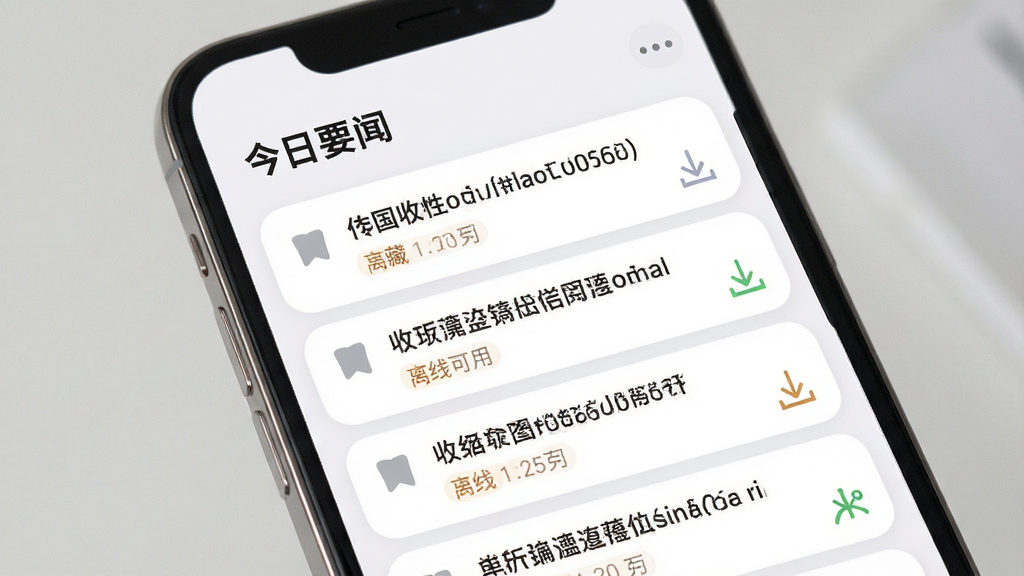 「今日要闻」收藏夹与离线阅读界面,主体为手机屏幕显示已收藏的新闻列表与下载状态标识,布局为列表式排列,排版清晰,风格柔和圆角,细节包含收藏图标、文章标题与离线可用标记,画质高清,干净,无多余元素