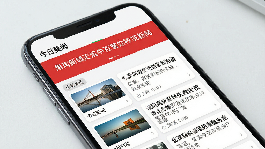 一款名为「今日要闻」的手机新闻资讯应用主界面,主体为竖屏手机屏幕,布局为顶部醒目红色新闻标题栏与下方整齐排列的图文资讯卡片列表,排版简洁有序,风格现代扁平化,细节包含清晰的分类标签、缩略图与时间戳,画质高清,干净,无多余元素