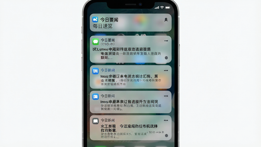 「今日要闻」每日速览推送通知界面,主体为手机锁屏或通知中心显示多条新闻标题摘要,布局为纵向排列的通知卡片,排版整齐清晰,风格简约商务,细节包含应用图标、推送时间与新闻条目,画质高清,干净,无多余元素