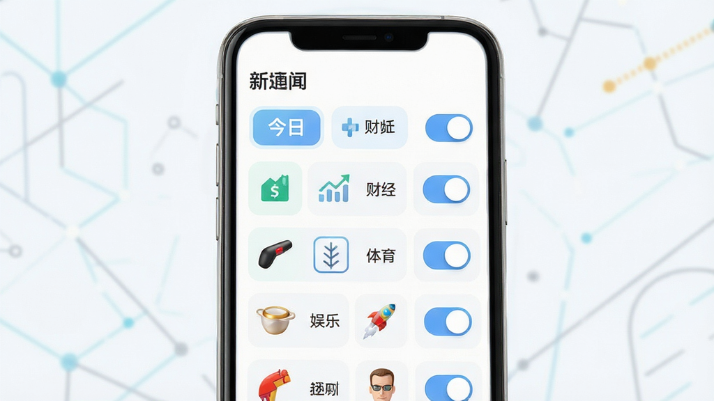 「今日要闻」频道订阅管理界面,主体为手机屏幕显示多个新闻分类标签与开关按钮,布局为网格状排列,排版规整,风格清新浅色,细节包含科技、财经、体育、娱乐等频道图标与选中状态,画质高清,干净,无多余元素
