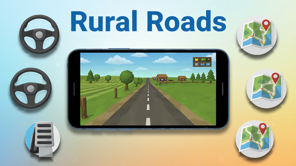 画面主体为一部安卓手机横屏显示Rural Roads游戏画面,手机周围环绕着方向盘、油门踏板和地图图标。布局为手机居中,图标呈圆形环绕。排版上画面顶部用蓝色粗体字写