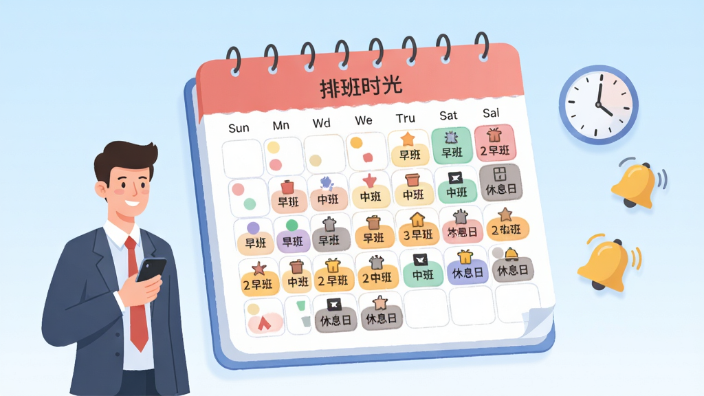 画面主体为一本悬浮在空中的超大日历,日历页面显示一个月的时间格子,每个格子里标注着不同颜色的圆点与图标,代表「排班时光」中的早班、中班、晚班和休息日,日历左侧站立一位手持手机的职场人士,右侧漂浮着时钟与提醒铃铛图标,布局采用左中右三分法,日历居中突出,风格为清新明亮的扁平插画风,细节上日历格子线条柔和,色块鲜明,人物表情轻松愉快,画质干净清晰,无多余元素,浅蓝色渐变背景