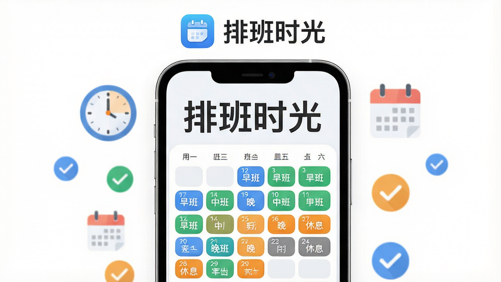 画面中央是一部智能手机,屏幕上显示着「排班时光」四个大字,手机下方是清晰排版的月历视图,不同日期用蓝色、绿色、橙色色块标注早班、中班、晚班、休息等班次状态,手机周围环绕着时钟图标、日历图标、打勾标记等简洁扁平化元素,整体布局采用上下结构,上方为软件名称与图标,下方为功能展示区,风格为现代扁平化UI设计,细节上屏幕内日历格子整齐排列,色块边缘圆润,画质清晰明亮,干净整洁,无多余元素,白色背景,高分辨率