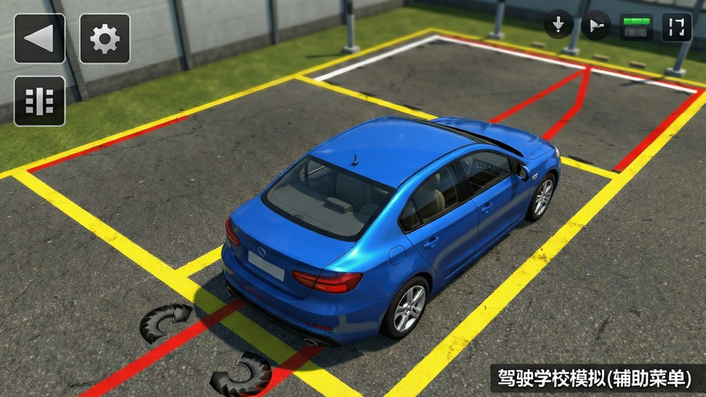 3D游戏画面中显示驾校考试场地,一辆蓝色轿车正在进行倒车入库操作,地面有黄色标线与红色引导线,画面左上角显示辅助菜单按钮,主体为车辆与车位,布局采用斜45度俯视视角,风格为写实赛车模拟游戏,细节包含后视镜、车轮转向角度、地面纹理,画质清晰,干净,无多余元素,画面中文字为“驾驶学校模拟(辅助菜单)”