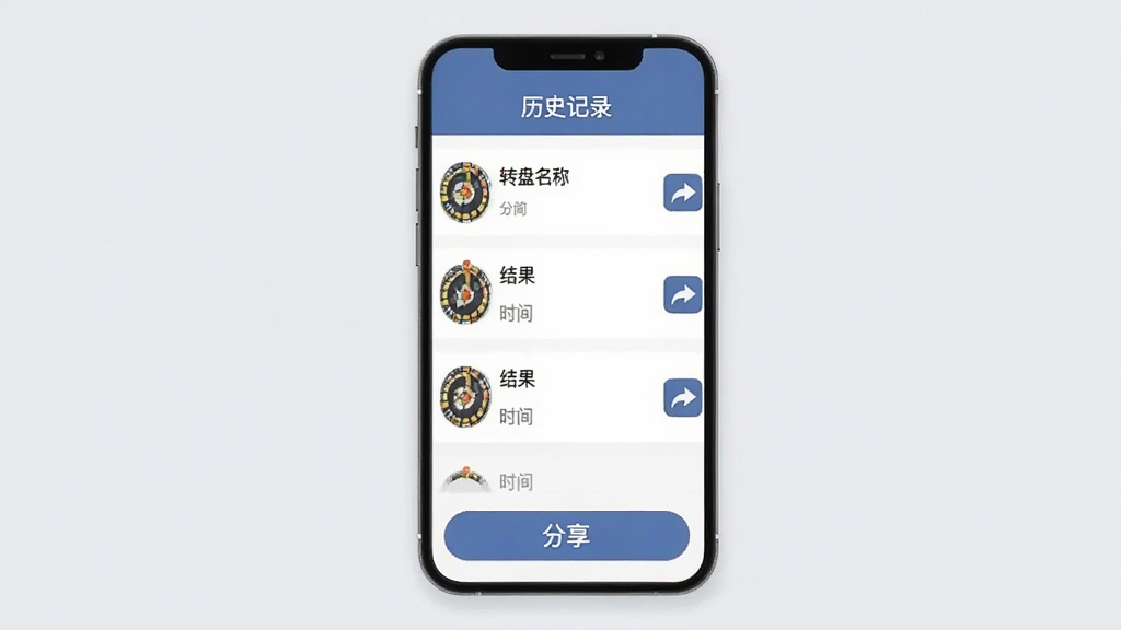决定小转盘历史记录与分享界面插画,手机屏幕显示历史记录列表,每条记录包含转盘名称、结果和时间,右侧有分享图标,屏幕上方有“历史记录”标题,底部有分享按钮,背景为浅灰色,风格简洁商务,排版清晰,画质干净,无多余元素。