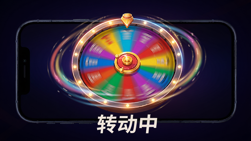 决定小转盘转动动画效果插画,手机屏幕中一个彩色转盘正在高速旋转,带有动态模糊效果和运动轨迹线条,转盘边缘有光晕,屏幕下方显示“转动中”文字,背景为深色渐变以突出转盘色彩,风格动感十足,细节丰富,画质清晰,无多余元素。