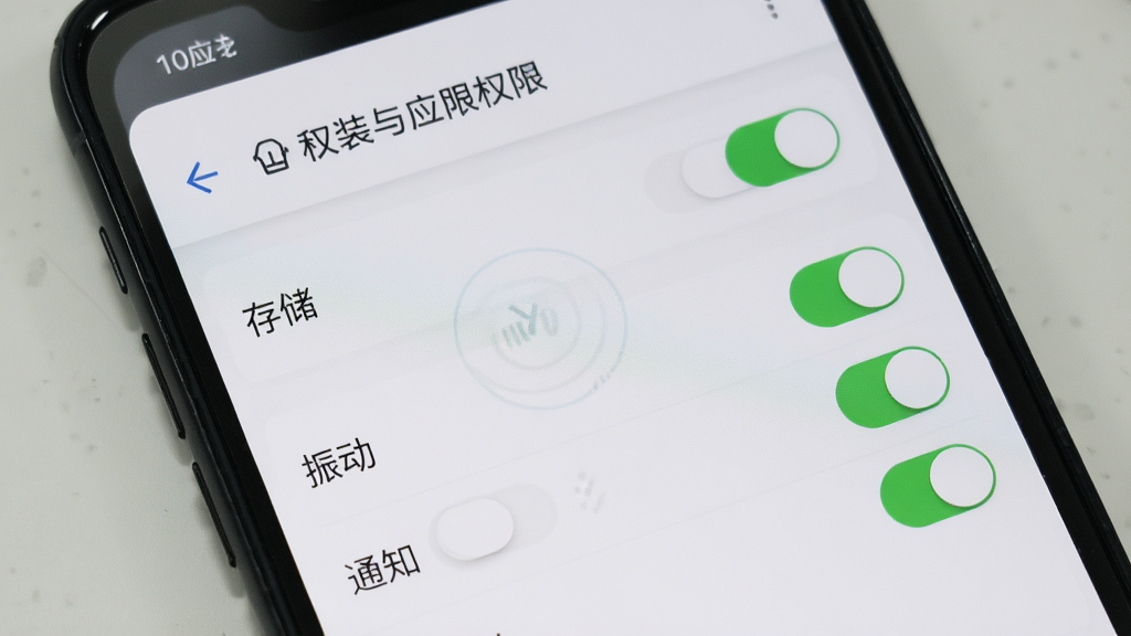决定小转盘安装与权限设置示意图,手机屏幕显示应用权限管理页面,列表中“存储”“振动”“通知”等权限开关处于开启状态,屏幕上方有“应用权限”标题,背景为浅色系统界面风格,排版清晰,画质干净,无多余元素。