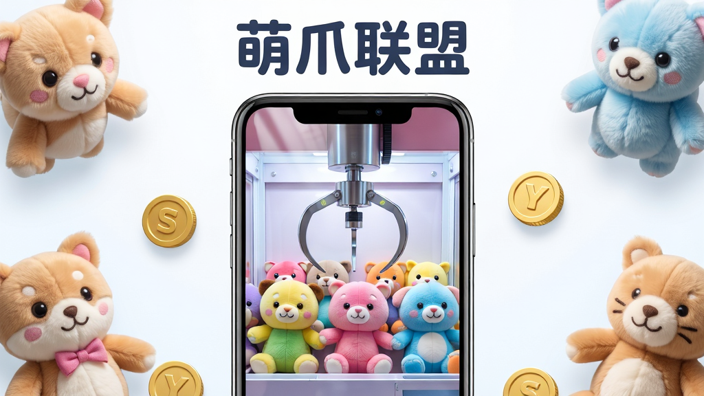 萌爪联盟手机应用界面展示,主体为一部竖屏智能手机居中放置,屏幕内显示远程抓娃娃实时视频画面,画面中有彩色毛绒玩偶和金属机械爪,手机周围环绕可爱的毛绒玩具和游戏币点缀,布局采用中心对称构图,上方留白处用圆润字体写