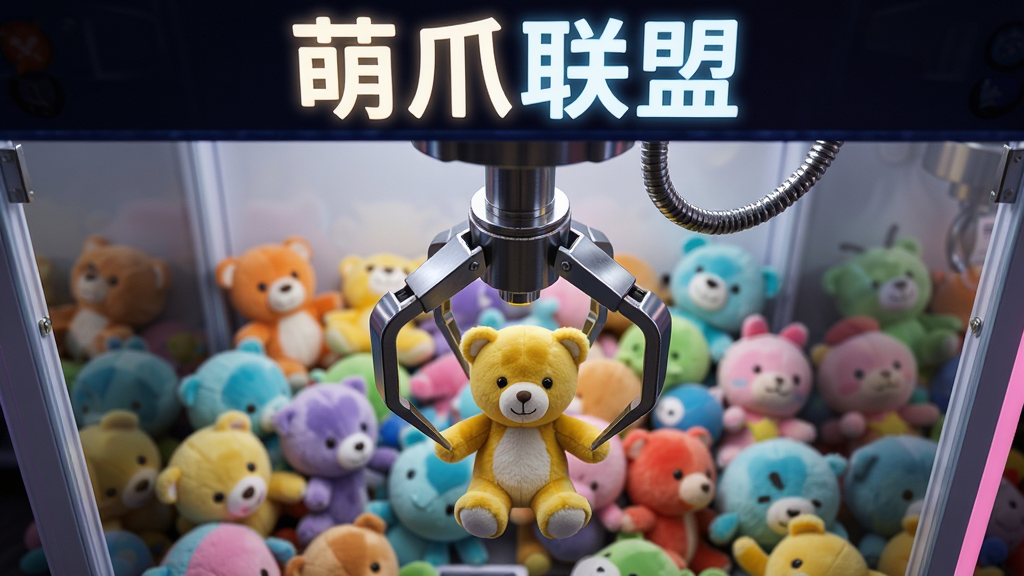萌爪联盟远程抓娃娃功能展示,主体为一只金属机械爪正从娃娃机顶部下降,爪尖对准一只黄色小熊玩偶,背景是透明玻璃娃娃机内部,机内堆满各种彩色毛绒玩具,布局采用俯视角度构图,上方用发光字体写