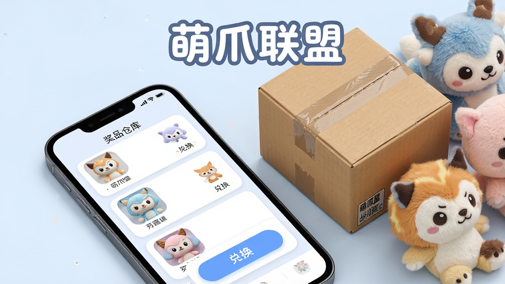 萌爪联盟奖品兑换与邮寄界面展示,主体为一部手机屏幕显示奖品仓库列表,列表中有多个毛绒玩偶缩略图和一个兑换按钮,手机旁放置一个快递纸箱和几只毛绒玩具,布局采用斜角俯视构图,屏幕上方用圆润字体写