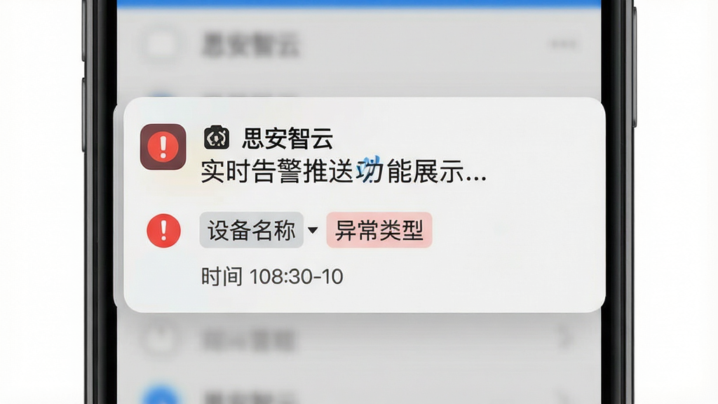 思安智云实时告警推送功能展示图,主体为手机屏幕弹出通知横幅,布局上方显示“思安智云”应用图标与告警文字,中部为设备名称与异常类型标签,下方为时间戳,排版简洁明了,风格为移动端系统通知样式,细节包含红色感叹号图标与浅灰背景,画质干净清晰无多余元素