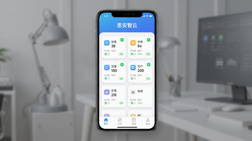 思安智云软件主界面预览图,主体是一部智能手机竖屏展示应用首页,布局上方为蓝色渐变标题栏写着“思安智云”,中部为设备状态卡片列表,每张卡片带绿色在线标识,下方为底部导航栏,排版整齐居中,风格为现代科技扁平化,细节包含柔和阴影与圆角图标,画质清晰干净无多余元素