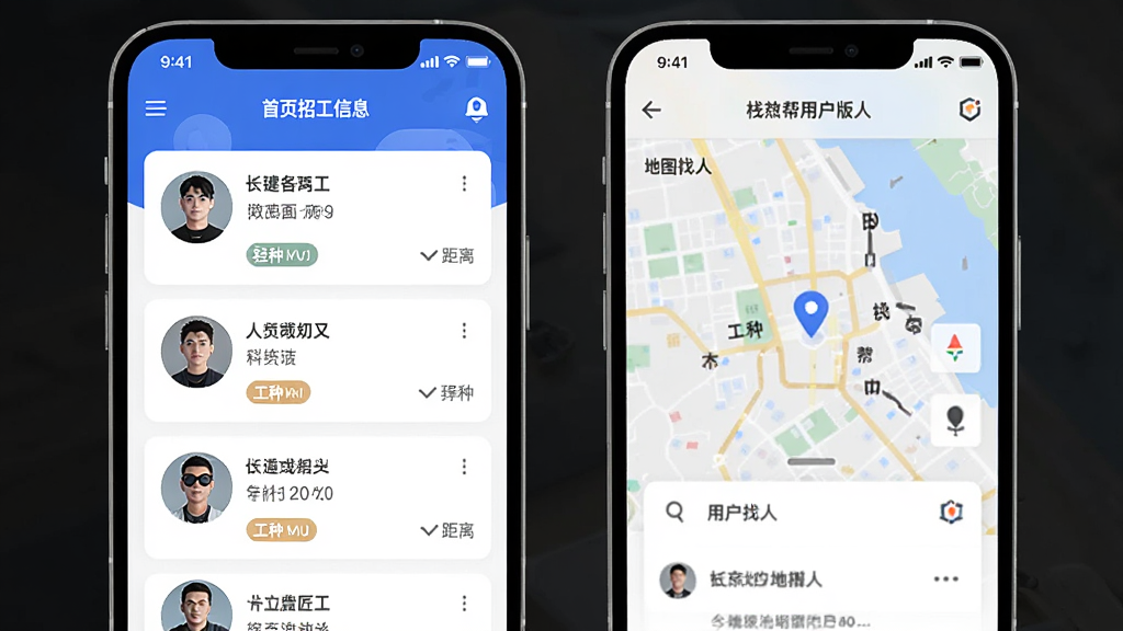 主体是栈匠帮用户版APP的手机界面,布局采用居中展示,排版为首页招工信息列表与地图找人功能并排显示,风格为现代扁平化科技风,细节包括清晰的头像、工种标签和距离显示,画质高清,干净,无多余元素