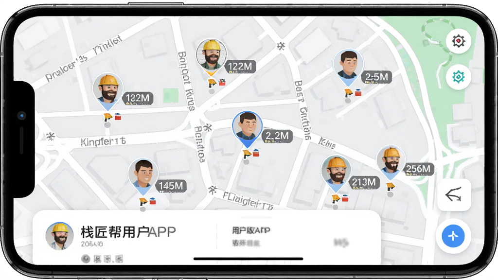 主体是栈匠帮用户版APP的地图找人界面,布局为全屏地图叠加底部信息卡片,排版显示多个工人头像标记点与距离数字,风格为清爽的地图导航风,细节包括街道名称与工种小图标,画质高清,干净,无多余元素