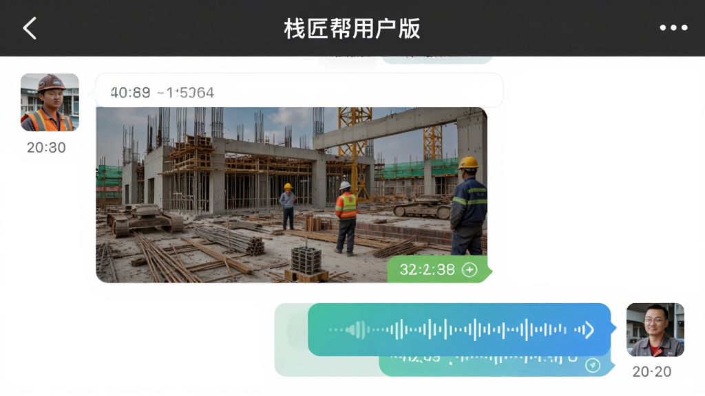 主体是栈匠帮用户版APP的聊天对话框,布局为左右气泡对话形式,排版展示招工方发送的工地现场照片与工人回复的语音条,风格为日常社交软件风,细节包括时间戳与已读状态,画质高清,干净,无多余元素