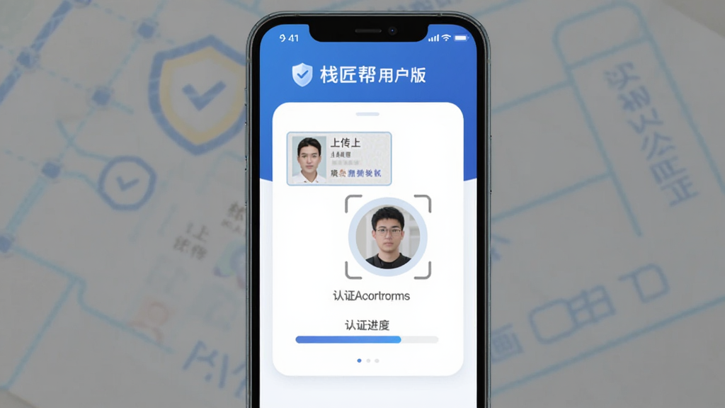 主体是栈匠帮用户版APP的实名认证界面,布局为居中卡片式设计,排版展示身份证上传区域与人脸识别圆形框,风格为安全稳重的商务蓝调,细节包括盾牌图标与认证进度条,画质清晰,干净,无多余元素